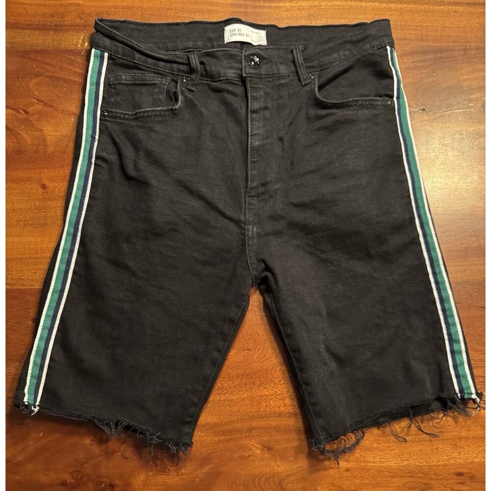 Zara Man Mens Black Denim Stretch Cut Off Jeans Shorts Sz 31